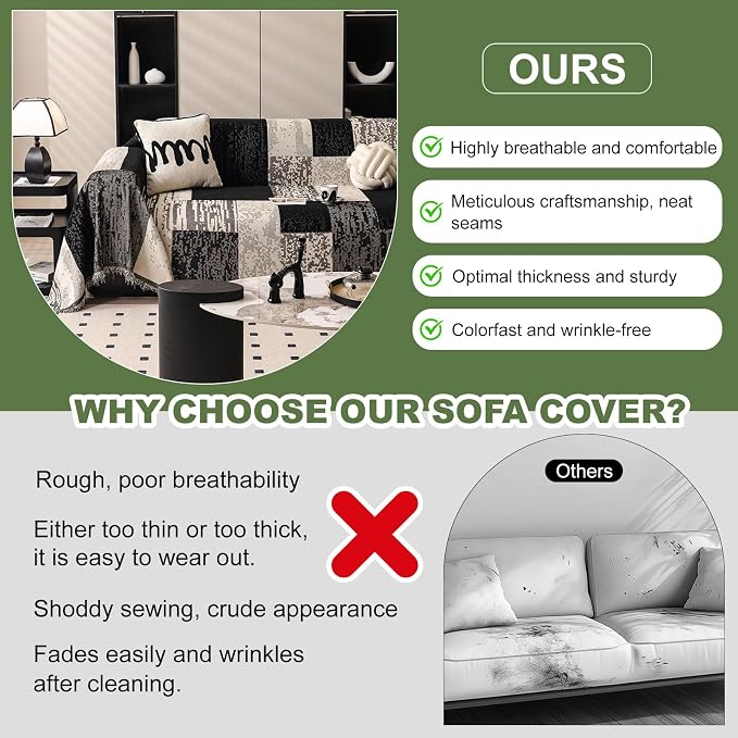 ROOMLIFE Boho Couch Covers for Sofa Washable for 3 Cushion Couch, Chenille | Furniture Protector Sofa Couch Cover for Dogs, Soft Breathable Sofa Slipcover, Couch Throw Blankets with Tassels 71''X134'' - Image 5