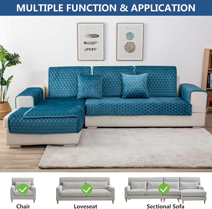 Eismodra Couch Cover,Sectional Couch Covers,Sofa Covers for 3 Cushion Couch,Anti-Slip Sofa Slipcovers for Dogs Cats Kids Loveseat Recliner L Shaped Armrest Backrest,Blue 36''x63''(Only 1 Piece) - Image 2