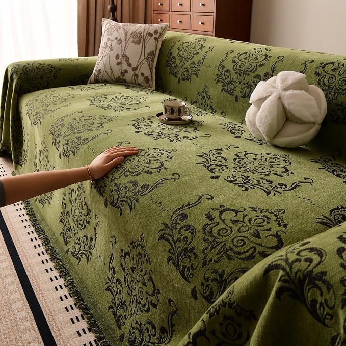 STACYPIK Vintage Floral Sofa Cover, Soft Reversible Couch Cover for Dogs | 71x134IN, Green, Tassel, Tear Resistant, Pet Friendly, 3 Cushion Couch/Sectional, Versatile Jacquard Chenille Couch Protector - Image 8