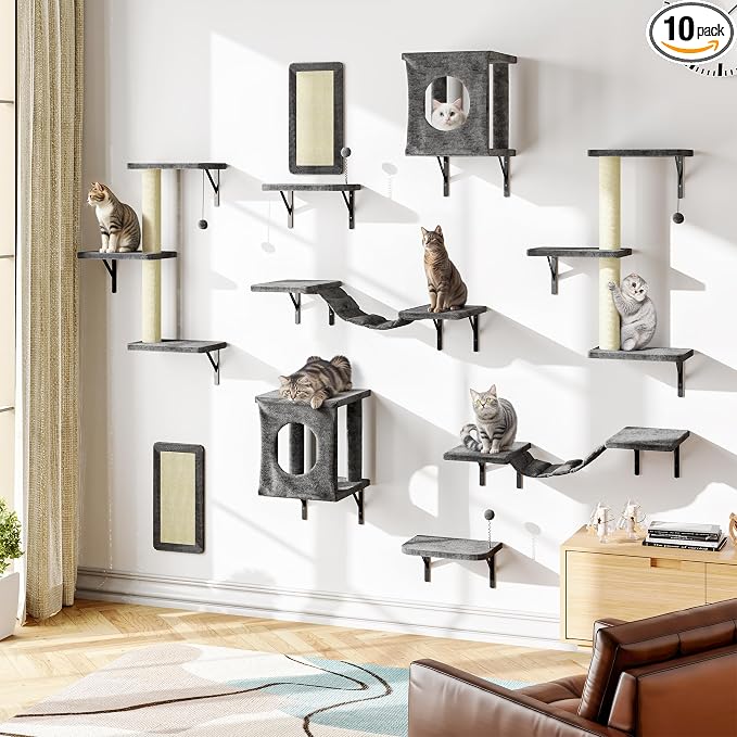 Cat Wall Shelves, 10-in-1 Wall-Mounted Cat Furniture Set | Large Cat Climber Set with House, Bridge, Steps, Scratcher, DIY Playground, Shelves for Indoor Wall Furniture Set - Grey by NUNULAB