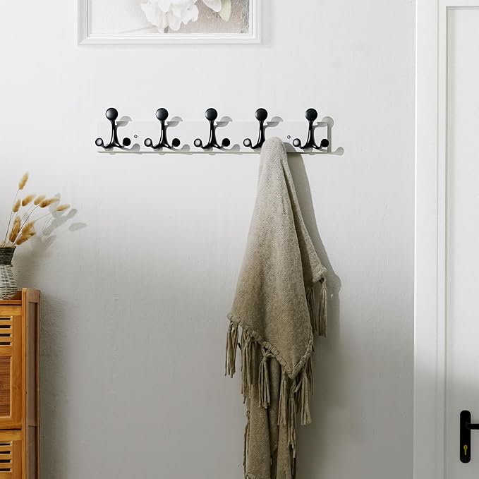 SKOLOO 24-Inch White Wood Coat Rack Wall Mount with 5 Triple Hooks - Ideal for Family Entrances, Classrooms, and Pet Supplies Storage - Perfect Coat Hooks for Wall - Image 4