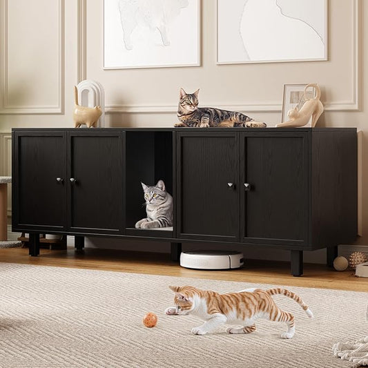 ONBRILL 63 Inches Cat Litter Box Enclosure for 2 Cats, Hidden Litter Boxes Furniture with Cat Scratch Pad, Large Indoor Pet House with Double Room, Wooden TV Stand Side Table, Black by ONBRILL