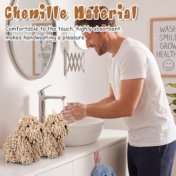 Tegeme 2 Pcs Chenille Dog Hand Towel Fuzzy Towel Absorbent Microfiber Soft for Bathroom Kitchen Washstand (Khaki,Siting Dog) - Image 4