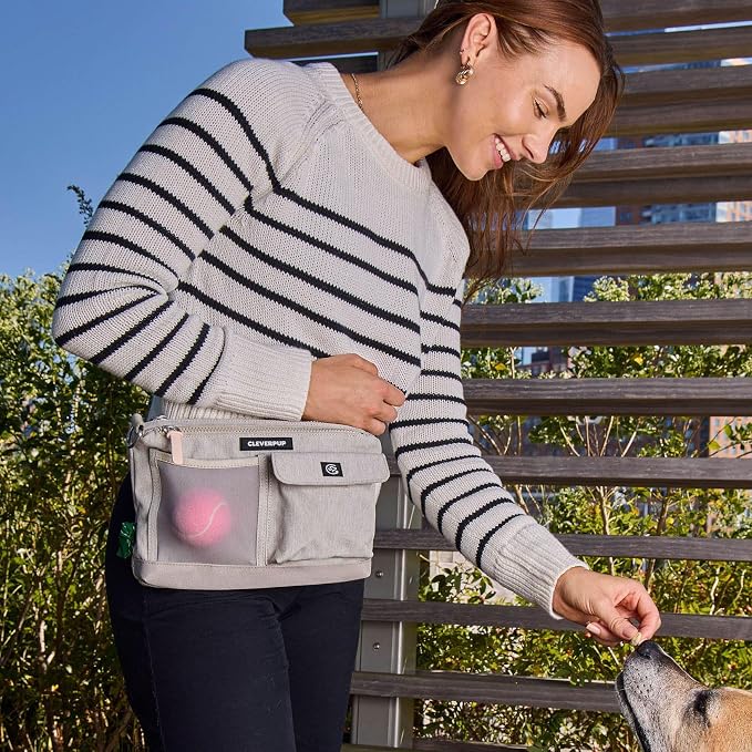 Cleverpup Dog Walk & Train Sling Bag - Hands-Free Dog Walking & Training Bag with Treat Pouch, Poop Bag Holder & Phone Pocket - Crossbody or Fanny Pack, Adjustable Strap - Sand - Image 7