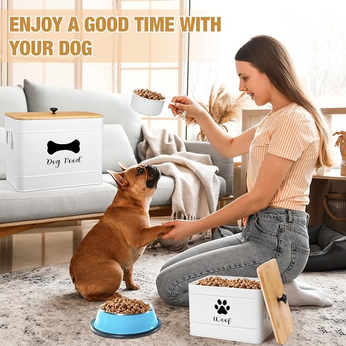 Newtay 2Pcs Extra Large Metal Dog Food Containers Airtight 12 & 3.5 Lbs Dog Treat Snack Jars Set of 2 with Bamboo Lids and Spoons Farmhouse Big Pet Cookie Storage Jars for Kitchen Counter Gift (White) - Image 4