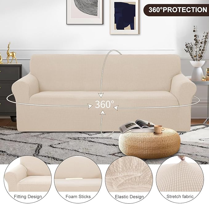 U-NICE HOME Stretch Couch Cover Slipcover for 3 Cushion Sofa, Beige | Furniture protector, 1-Piece Sofa cover, Washable, Pet friendly, Polyester Spandex Jacquard fabric - Image 3