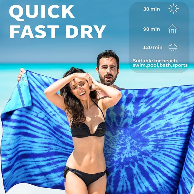 Microfiber Beach Towel Oversized 71x32, Thin, Blue with Bag 2 Pack | Lightweight Sand Free Absorbent Quick Dry Compact Extra Large for Adult Travel Camping Pool Swim Bath Cruise Essentials Gift - Image 3