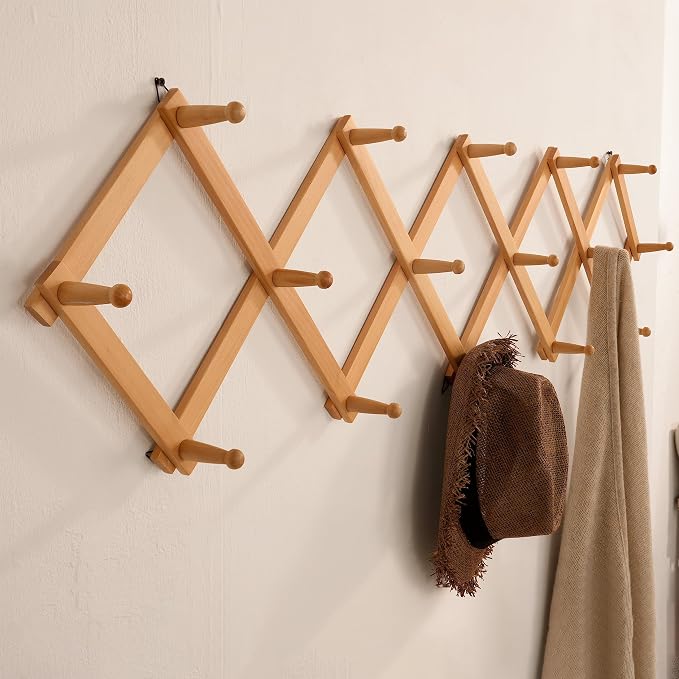 SKOLOO Accordion Wall Hanger with 16 Hooks, Modern Expandable Coat Rack Hat Rack for Wall, Solid Wooden, Natural Color - Image 4