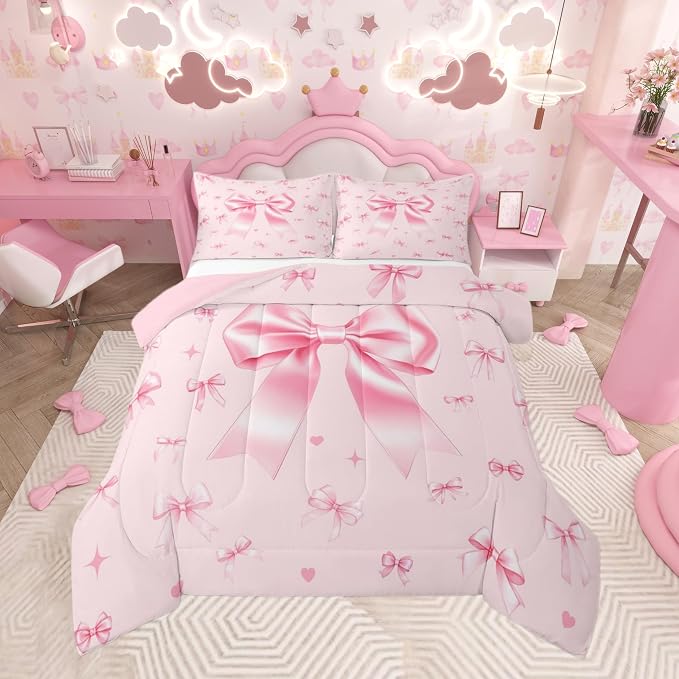 Manfei Pink Bowknot Bed Comforter Set Queen Size,Cute Ribbon Bow Tie Super Soft Microfiber Bedding Set for Adults Men,Preppy Trendy Kawaii Princess Decorative Comforter Set,3 Pcs - Image 7