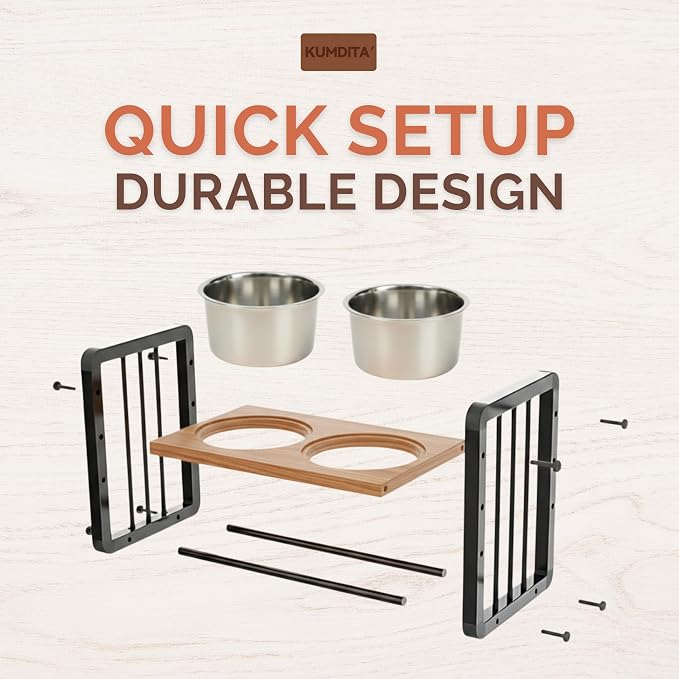 KUMDITA Adjustable Dog Bowls Elevated for Medium & Large Breed Dogs | Orthopedic dog food stand with stainless-steel food/water dishes; modern wood-metal pet feeder with raised dog bowls. - Image 8