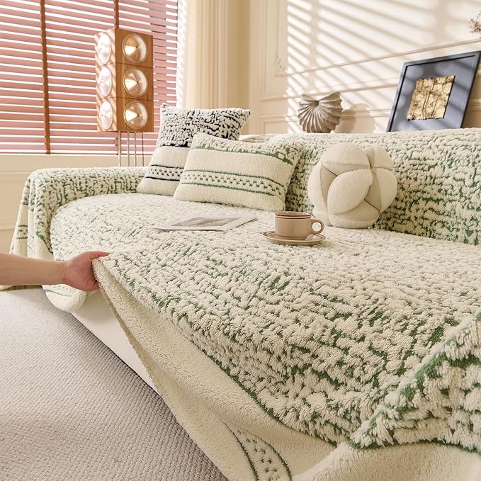 ROOMLIFE Thicked Striped Boho Green Couch Cover for 2-3 Cushion Sofa, Fuzzy Plush Warm Sofa Slipcovers Sectional Sofas Covers, Non Slip Washable Furniture Protector Soft with Tassel,Winter 71''X118” - Image 8