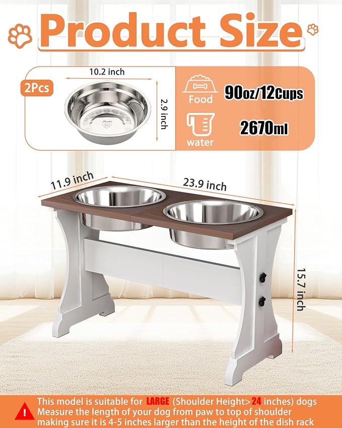 Piskyet Elevated Dog Bowls,Farmhouse Dog Bowls Stand, Raised Dog Bowl with 2 Stainless Steel Wooden Dog Bowl 12 Cups 15.7''H 90 OZ Bowl-Farmhouse Style - Image 2