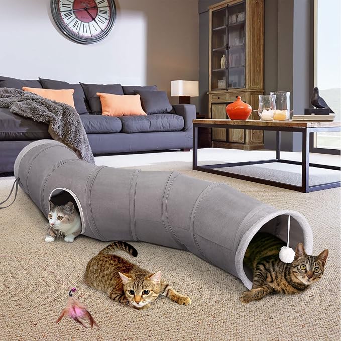 Ownpets S-Shape Cat Tunnel Toy 48"L x 10"D, for Cats, Puppies & Small Pets | Collapsible for storage, tear-resistant oxford fabric, connects to other tunnel, with peek hole, feather wand, indoor/outdoor - Image 3