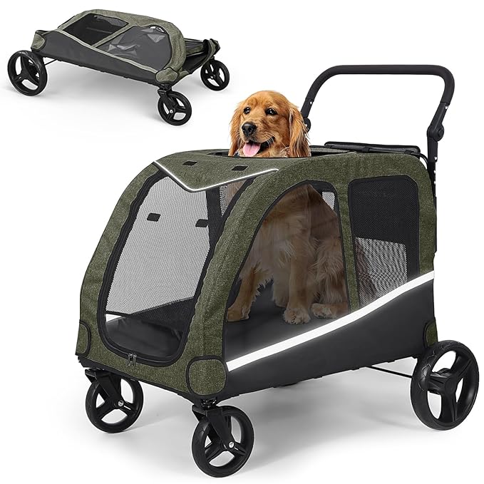 Dog Stroller for Large Dogs, Extra Large Pet Stroller for Medium Dogs, Dog Wagon Carriage, Foldable Design, Adjustable Handle, with Pocket, Up to 160 lbs, Green