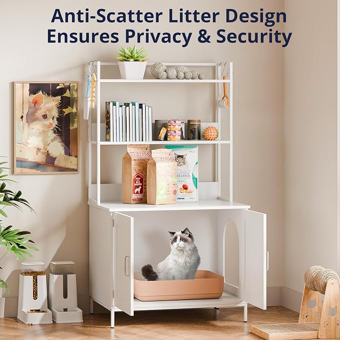 Cozy Castle Cat Litter Box Enclosure with Storage, 57'' Hidden Cat House Furniture, Wooden Cat Cabinet with Shelves & 4 S-Hooks, Indoor Cat Litter Box Organizer, White - Image 3