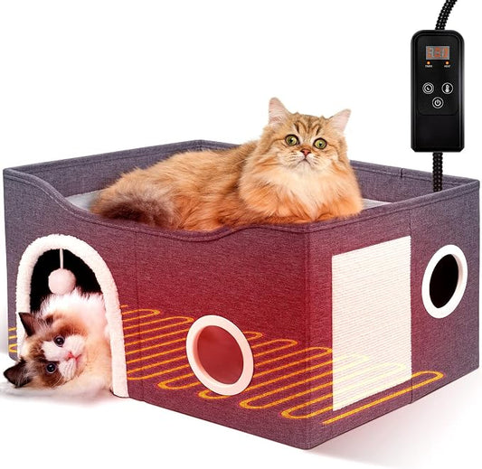 Indoor Heated Cat House, Adjustable Temperature Cat Heating Bed with Timer and Chew Resistant Cord, Large Cat House with Heating Pad for Small Medium and Large Cats by Heeyoo