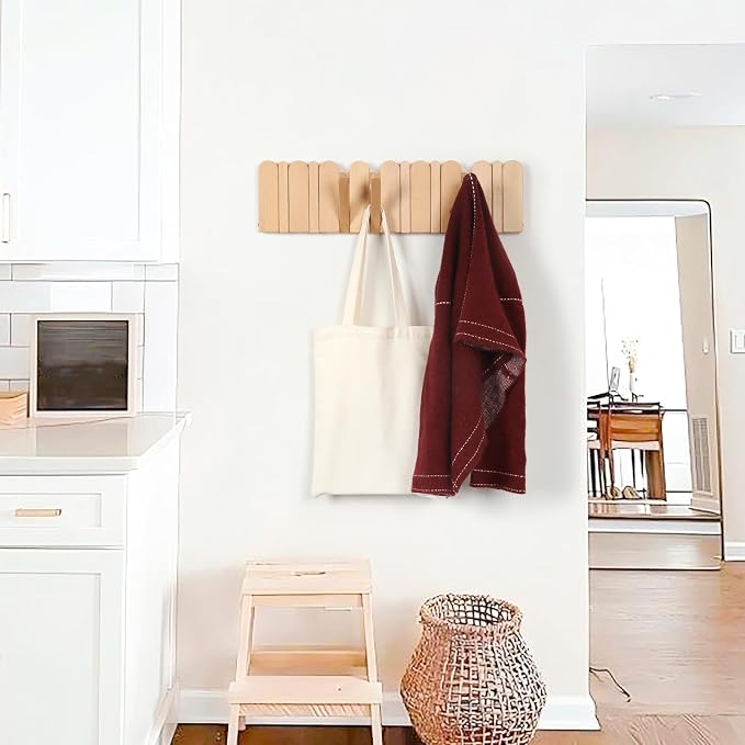 Wall Coat Rack for Entryway: Folding Wood Modern Heavy Duty 8 Hooks | 21.6'' Wall Mounted for Boho Home Decor Bathroom Bedroom Hallway for Hanging Towel Jacket Backpack Bag - Image 5