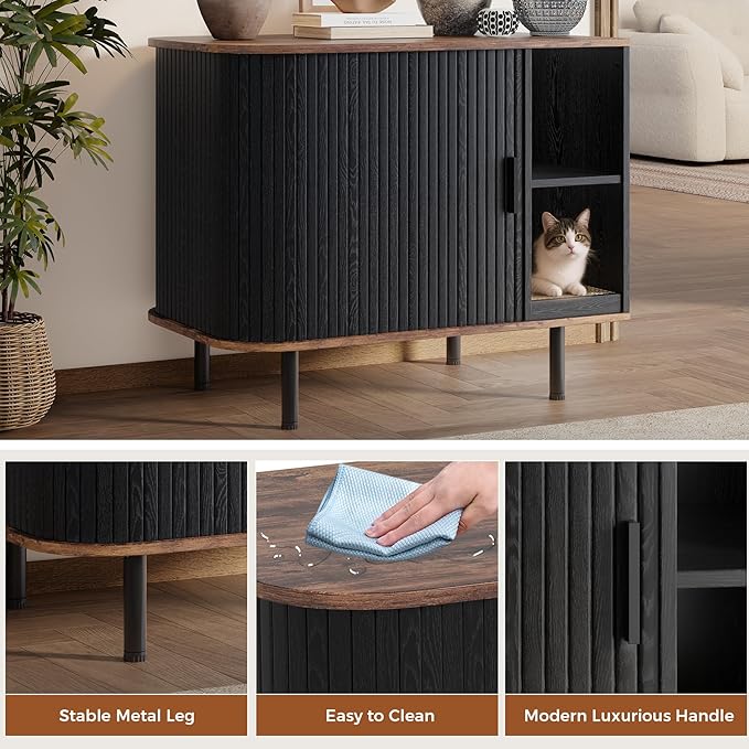 Cat Litter Box Enclosure, Kitty Hidden Litter Box Furniture with Scratch Pad, Modern Indoor Cat House, Sliding Door, Adjustable Shelf for Dog Proof, Black - Image 4
