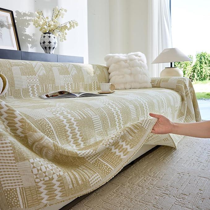 DREAMINGO Vintage Patchwork 3-Layer Gauze Geometric Jacquard Sofa Cover, Farmhouse Couch Cover Blanket for 3 Seater, Living Room Washable Furniture Protector, Straw Yellow, 91"x150" - Image 4