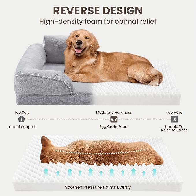 Orthopedic Dog Bed for Medium Size Dogs, Waterproof Egg-Crate Foam Pet Couch Bed with Soft Sides, Non-Slip Dog Sofa with Flannel Removable Washable Cover, 28"L Supportive Pet Sofa, Light Grey - Image 3
