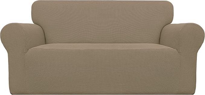 Easy-Going Stretch Loveseat Couch Covers Washable Tan | 1-Piece Loveseat Covers for 2 Cushion Couch Furniture Protector RV Sofa Slipcover Soft with Bottom for Kids Pets by Easy-Going