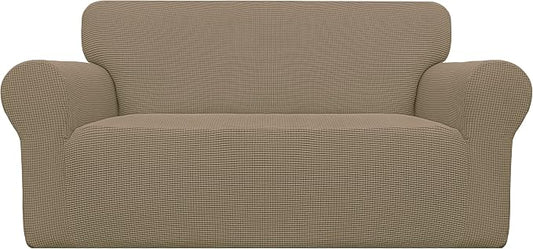 Easy-Going Stretch Loveseat Couch Covers Washable Tan | 1-Piece Loveseat Covers for 2 Cushion Couch Furniture Protector RV Sofa Slipcover Soft with Bottom for Kids Pets by Easy-Going