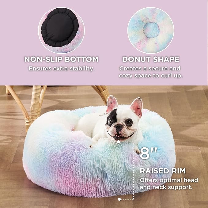 Bedsure Calming Small Dog Bed Donut Washable Cat＆Puppy Bed,23 inches | Fluffy Faux Fur Round Cuddler,Anti-Slip Bottom,Anti-Anxiety,Deep Sleeping for Large Cat & Pets Up to 25 Lbs,Multi Color - Image 3