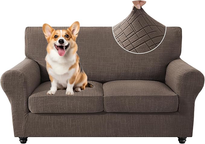 CYCMCAO 3 Piece Stretch Sofa Cover Couch Covers for 2 Cushion Couch, Loveseat Covers Stay in Place, Sofa Covers Washable with Elastic Bottom for Dogs (Light Brown), 71"-91" (2 Cushion Sofa) by CYCMACOHOME