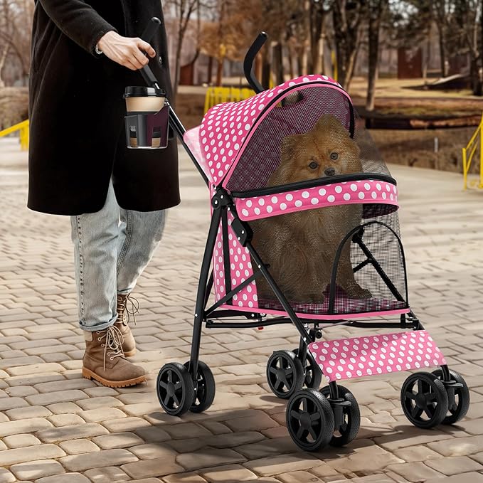 Magshion Compact Pet Stroller for Small-Medium Dogs/Cats up to 22lbs, 4-Wheel Lightweight Umbrella Shaped Portable Puppy Travel Jogger with Breathable Mesh, Cup Holder & Rear Storage, Pink Polka Dots