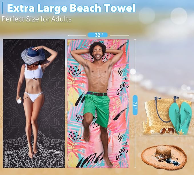 Microfiber Beach Towel Oversized 71x32 Black Pink with Bag 2 Pack | Thin Lightweight Sand Free Absorbent Quick Dry Compact Large for Adult Travel Camping Pool Swim Bath Cruise Essentials Gift - Image 3