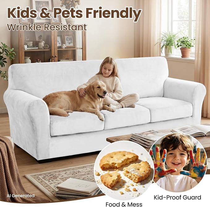 XINEAGE 3-Piece Velvet Sofa Cover,Couch Covers for Dog,White | 2 Cushion Sofa,Stretch Non-slip Elastic, Pet-friendly, Washable, Fast Setup, Soft Plush Fabric, Furniture Protector. - Image 6