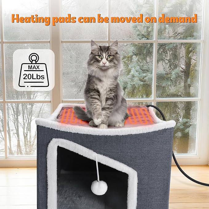 Tovve Heated Cat House for Indoor, Large Cat Bed with Heating Pad, Adjustable Temperature & Timing, with Fluffy Ball Hanging and Scratch Pad, Foldable Pet Hideaway for Small Medium and Large Cats（XL） - Image 8