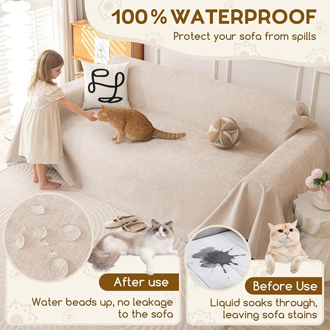 OstepDecor Waterproof Couch Covers for Pets, Couch Protector from Cat Claws | Washable Sofa Cover for Dogs, Non Slip Furniture Protector for Sofas, Loveseats & Sectionals, 91"x150", Khaki - Image 4