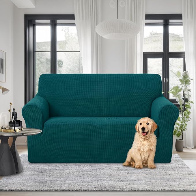 U-NICE HOME Loveseat Cover Stretch Couch Cover Sofa Slipcover, Blue | 2 Cushion Sofa, 1-Piece Sofa cover, Washable, Pet friendly, Furniture protector, Polyester Spandex Jacquard fabric - Image 2