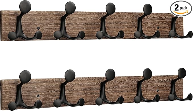 SKOLOO 24-Inch Wood Burnt Coat Rack Wall Mount with 5 Triple Hooks - Ideal for Family Entrances, Classrooms, and Pet Supplies Storage - Perfect Coat Hooks for Wall, Pack of 2 by SKOLOO