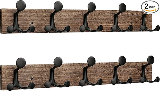 SKOLOO 24-Inch Wood Burnt Coat Rack Wall Mount with 5 Triple Hooks - Ideal for Family Entrances, Classrooms, and Pet Supplies Storage - Perfect Coat Hooks for Wall, Pack of 2 by SKOLOO