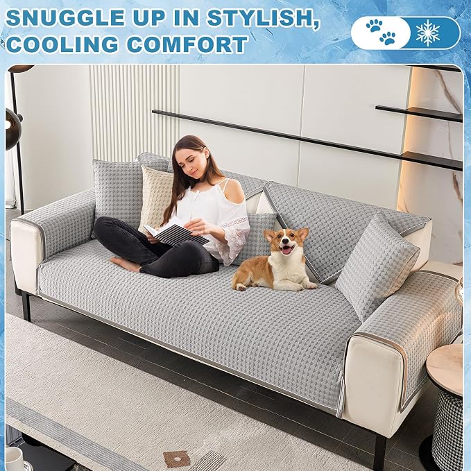 OTOB Cooling Dog Couch Cover Washable Non Slip Furniture Protector, 1 Piece | Elegant Gray, 27.6"x70.9", Premium Ice Silk Fabric, Modern Geometric, Soft, 3D Bionic Breathable, Pet Friendly Sofa Cover - Image 6