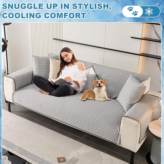 OTOB Cooling Couch Cover Washable Anti Slip Furniture Protector, 1 Piece | Elegant Gray, 43.3"x94.5", Premium Ice Silk Fabric, Modern Geometric, Soft, 3D Bionic Breathable, Sectional Sofa Slipcover - Image 9
