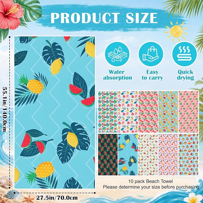 FuWeave 10 Pack Microfiber Beach Towel 28 x 55 Inch Oversized Large Thin Beach Towels for Pool Camping, Sand Free Lightweight Blanket for Women Adults Travel Swimming Sport (Watermelon) - Image 2