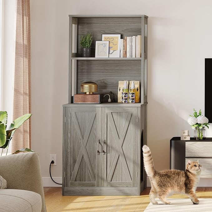 DWVO Large Hidden Litter Box Furniture with Shelves and Charging Station | Wooden Enclosure for Self-Cleaning Litter Boxes, Grey - Image 7