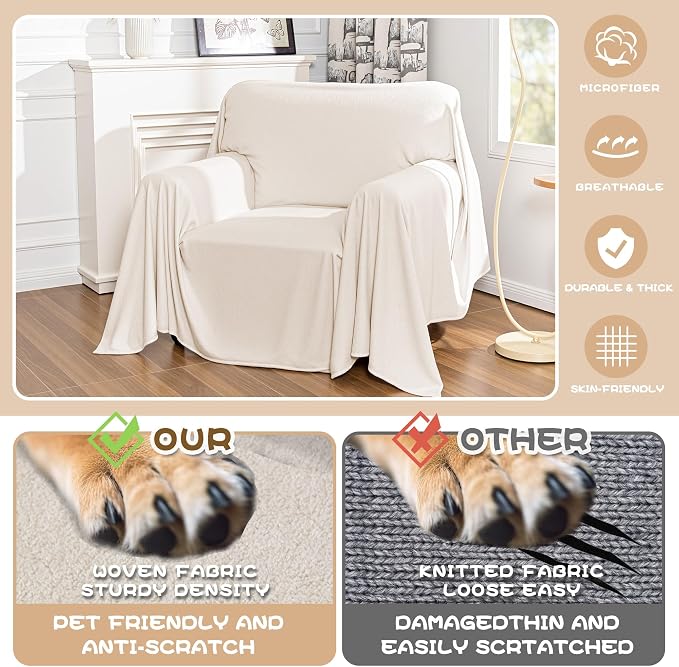 MYSKY HOME White Armchair Couch Cover for Sofa, Couch Covers for Dogs Washable, Couch Cover Blanket Modern Sofa Slipcovers, Super Soft Sofa Furniture Cover for Reclining Couch, 71" x 91" - Image 2