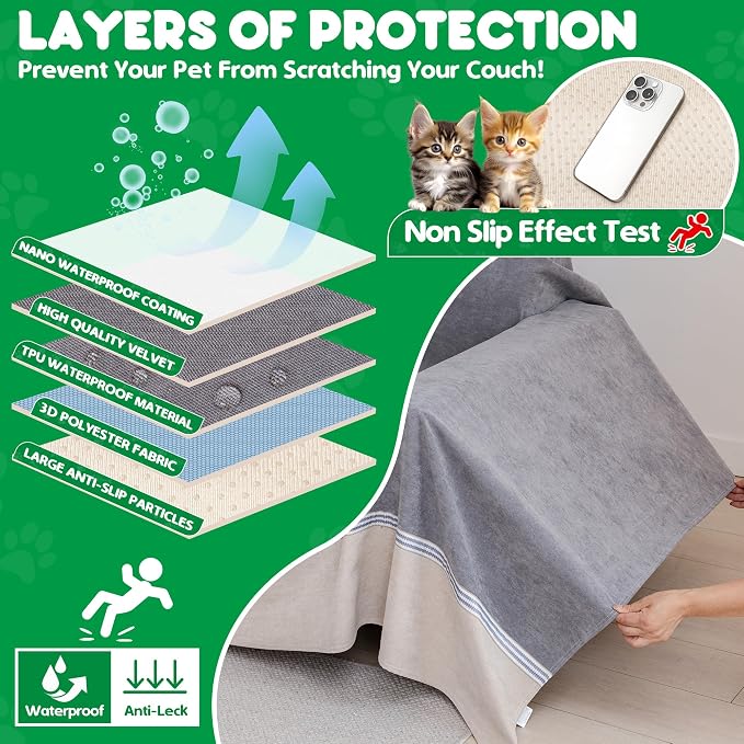 Cat Scratch Furniture Protector - Anti-Slip, Waterproof Sofa Cover to Keep Cats Off, Pet-Friendly Couch Protectors for 3 Cushion Couch, Anti-Scratch Couch Cover for Pets and Kids 134"X91"Dark Gray - Image 6