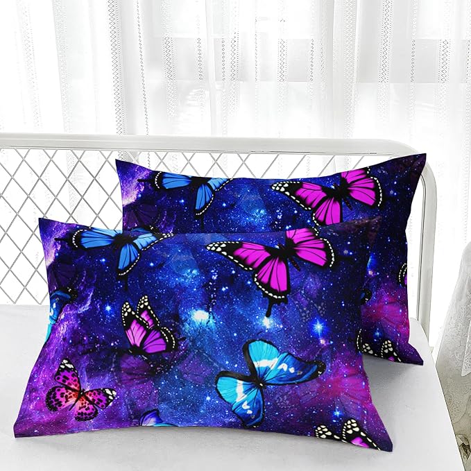 Nttopship Twin Size Galaxy Starry Sky Bedding Set, Violet Butterfly Comforter Set with 1 Comforter and 2 Pillowcases - Image 6