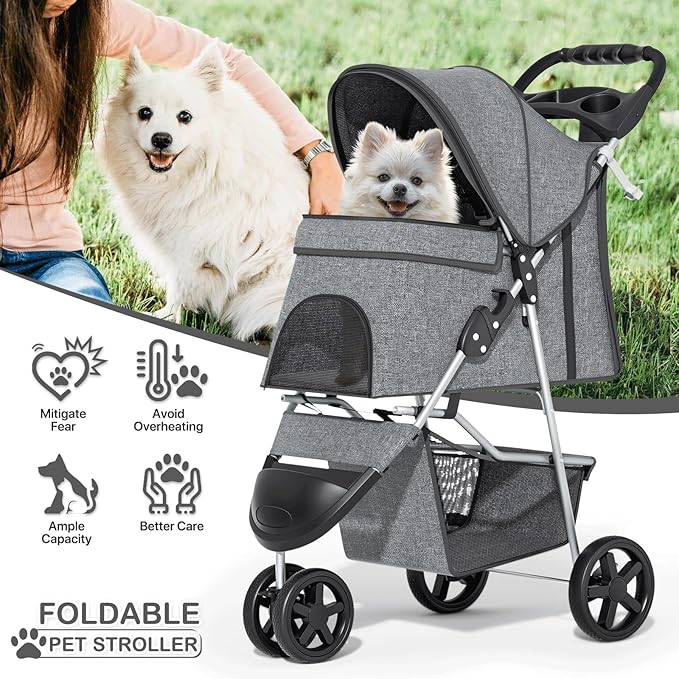 MoNiBloom 3 Wheels Pet Dog Cat Stroller for Small Medium Dogs and Cats, Lightweight Foldable Jogger Stroller w/Storage Basket and Cup Holder, Gray