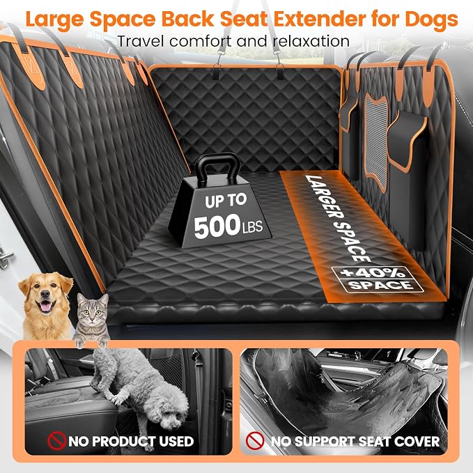 Dog Seat Cover for Back Seat, Hard Bottom Car Seat Cover for Dogs | Back Seat Extender Holds 500 lbs, Waterproof Back Seat Pet Cover for Dogs, Dog Hammock Travel Accessories for Car,SUV,Truck - Image 2