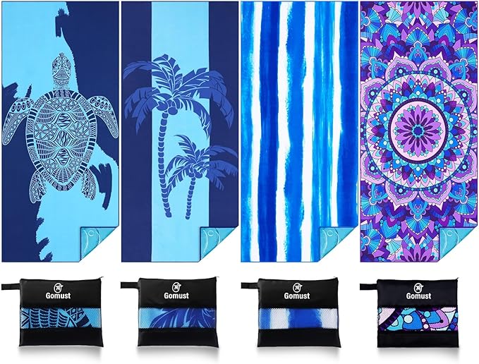 Microfiber Beach Towel Oversized 71x32 Multiple with Bag 4 Pack Bulk | Thin Lightweight Sand Free Absorbent Quick Dry Large for Travel Pool Swim Bath Cruise Sports Camping Essentials Adults Gifts by Gomust