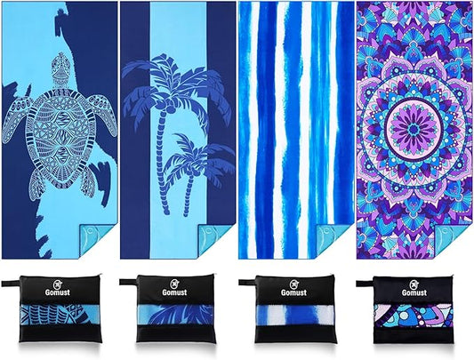 Microfiber Beach Towel Oversized 71x32 Multiple with Bag 4 Pack Bulk | Thin Lightweight Sand Free Absorbent Quick Dry Large for Travel Pool Swim Bath Cruise Sports Camping Essentials Adults Gifts by Gomust