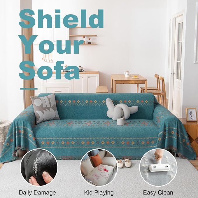 VClife Boho Couch Cover Green Geometric Jacquard Pattern Sofa Cover, 1 Piece Large Couch Covers for 3 Cushion Couch Sofa Washable Plush Chenille Sofa Protector for Living Room, 71x134 Inch - Image 3