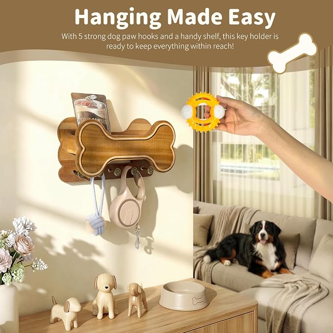 MTERSN Decorative Dog Leash Holder for Wall - Bone Key Holder Wall Mount with 5 3D Puppy Paw Hooks & Hanging Shelf for Dog Lover - Cute Stuff for Puppy Essentials (Acacia) - Image 4