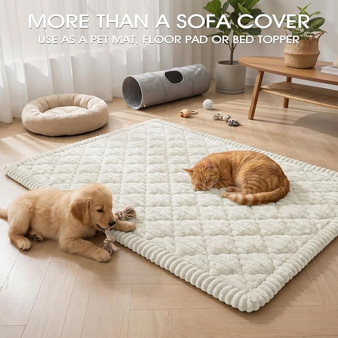 Non-Slip Washable Couch Cover for Dogs, Thick Plush Grid Flannel | 27.6"x82.7", Cream, 0.8" Thick, Rubber Dot Backing, Pet-Friendly Protector for Sofa, Floor, Window Bench, Car Seat or Camping - Image 7